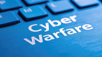 Poster - Cyber warfare concept displayed on a blue keyboard.