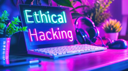 Poster - Colorful display promoting ethical hacking with a keyboard and plants nearby.