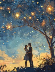 Poster - Couple embracing under a starry sky with a warm glow in a dreamy evening setting