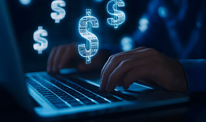 Poster - Hands Typing on Laptop Surrounded by Floating Currency Symbols
