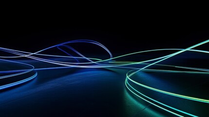3D rendering of blue and green neon light lines on a dark background with a floor for product presentation in an abstract style. Glowing scene with empty space. Abstract futuristic design for a show.