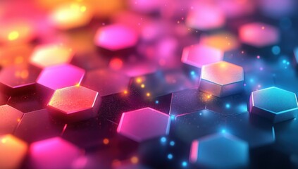 Poster - colorful cellular structure with shimmering illumination creating a futuristic hi-tech aesthetic of interconnected hexagonal forms and vibrant light