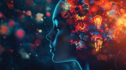 Poster - Creative brain activities illustrated with silhouettes of human head filled with artistic symbols and ideas for future innovation