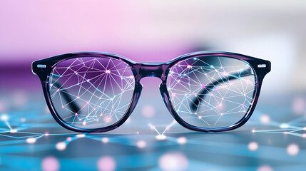 Poster - Futuristic Glasses with Digital Network Overlay and Blurred Background
