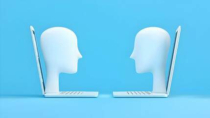 Poster - Two Stylized Heads Interacting Through Laptops on Blue Background