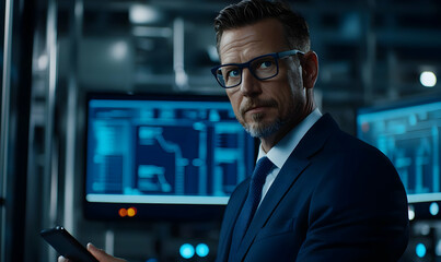 Poster - Businessman in Suit Using Smartphone Near Computer Screens in Office