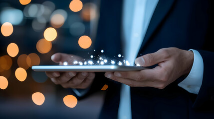 Poster - Man Holding Tablet with Magical Glow and Bokeh Background