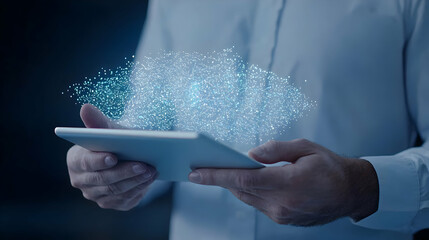Poster - Hands Holding Tablet with Glowing Particles and Digital Effects
