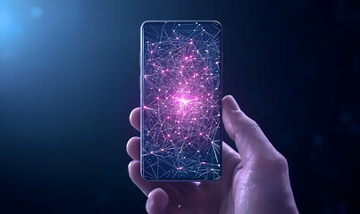 Poster - Hand Holding Smartphone with Abstract Digital Technology Display