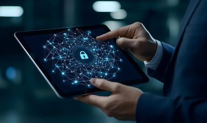 Poster - Secure Digital Network Concept with Tablet and Lock Icon Display