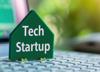Poster - Tech startup sign on a laptop keyboard in a green environment.