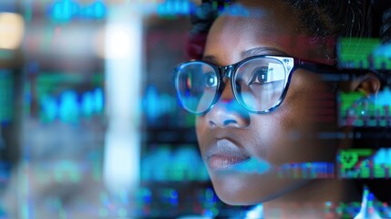 Poster - Focused woman with glasses analyzing data on a digital display.