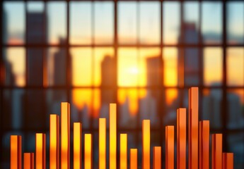 Poster - Sunset skyline with abstract bar graph in foreground.