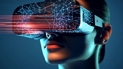 Poster - immersive woman in virtual reality glasses exploring futuristic technology and digital networks with