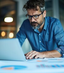 Poster - Focused man working on laptop in modern office environment.