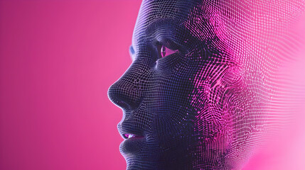 Poster - Futuristic 3D Human Face Model with Neon Light and Wireframe Design