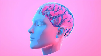 Poster - Human Head Model with Colorful Brain on Pink Background