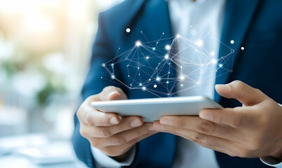 Poster - Man in Suit Interacting with Digital Connections on Tablet Device