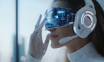 Poster - Young Woman Using Modern Virtual Reality Headset in Futuristic Setting