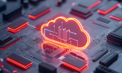 Poster - Cloud Computing Concept with Circuit Board and Neon Elements