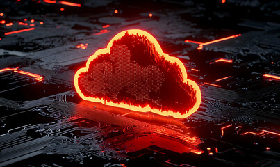 Poster - Digital Cloud Icon with Glowing Red Outline on Circuit Board Background