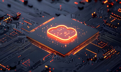 Poster - Futuristic Cloud Icon on Circuit Board with Neon Glow Technology