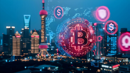 Poster - Futuristic city skyline with cryptocurrency and digital finance elements