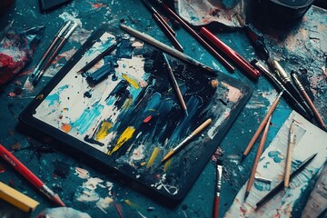 Aufkleber - Creative tools scattered across an artistic workspace with brushes, pencils, and a digital tablet