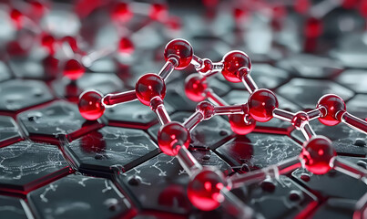 Poster - 3D Render of Molecular Structure with Red Atoms on Hexagonal Grid