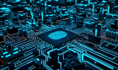 Poster - Futuristic Chip on Circuit Board with Glowing Blue Elements