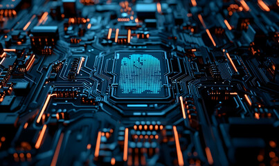 Poster - Futuristic Circuit Board with Blue Light and Orange Connections