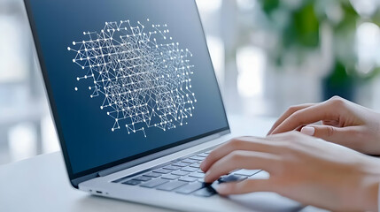 Poster - Hands Typing on Laptop with Abstract Geometric Digital Display