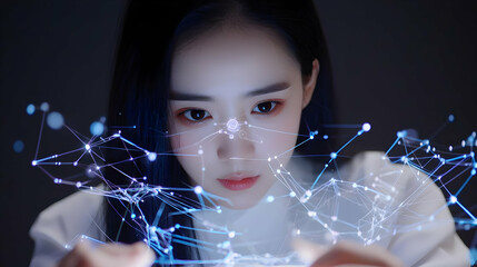 Poster - Young Woman Analyzing Digital Data and Technology with Focused Intensity