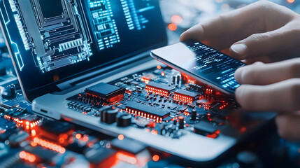 Poster - Hand Holding Smartphone Over Laptop With Circuit Board Display
