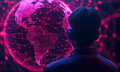 Poster - Global Connection Concept with Male Figure and Digital Globe Display