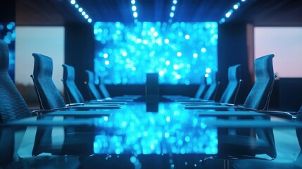 Poster - Surrounding a glass table, empty chairs create a sense of openness in a modern conference room, illuminated by a large screen showcasing a vibrant blue digital network