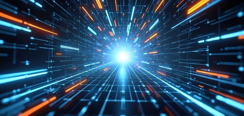 Fototapete - Abstract futuristic background with blue, orange glowing light rays and a grid. Perfect for tech, digital themes. Neon lines glow in perspective. Space star energy disco laser illumination.