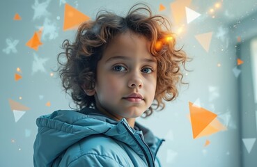 Poster - Child portrait double exposure effect. Boy with curly hair in winter jacket. Kid in digital cyberspace with wireless network, future tech. AI, data, education, global communication. Future of