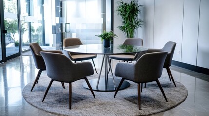 Poster - Glass round table surrounded by six comfortable chairs in a modern meeting room with natural light coming through large windows and a decorative plant adding a touch of nature to workspace