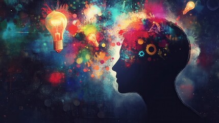 Poster - Creative thinking represented by a silhouette filled with symbols of light, gears, and colors in a vibrant futuristic design