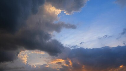 Wall Mural - 4K Timelapse capturing the fiery glow of the sunset sky, transitioning into a romantic tapestry of colorful clouds. Clean air concept. Time lapse. Horizon background.
