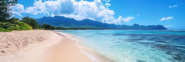 Poster - Breathtaking beach with soft sand, clear water, and mountains in the background during a sunny day Generative AI