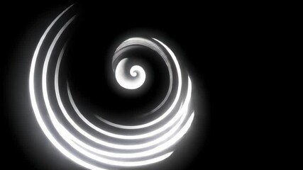 Poster - Glowing white spiral dynamically expanding, progressively growing in size and luminosity, emerging against stark black backdrop, generating hypnotic abstract visual motion