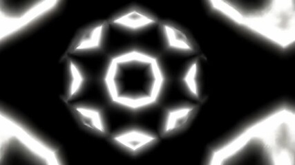 Poster - Geometric white forms shifting dynamically across black space, creating mesmerizing symmetrical pattern with fluid transformational motion and abstract visual design
