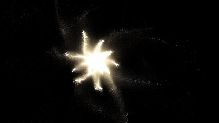 Poster - Shimmering golden particles bursting, swirling into delicate floral structure, symbolizing energy metamorphosis against dark backdrop for dynamic motion design