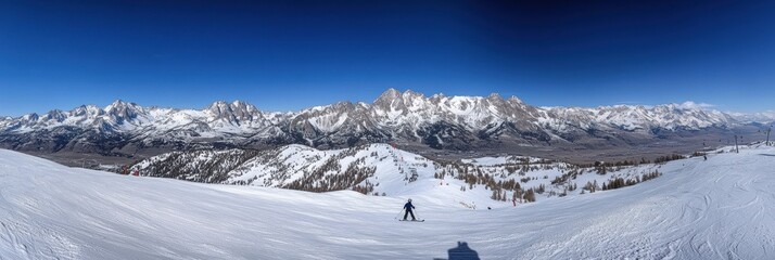 Poster - Skier curves down snow covered peak with majestic mountains in the background during clear weather Generative AI