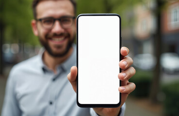 Leinwandbilder - Satisfied man shows mobile phone blank white screen mockup to camera. Smart executive demonstrates cellphone with empty space, collage on street. Corporate cyberspace advertisement template.