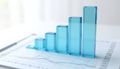 Leinwandbilder - 3D rendering of data bar graph with upward trend made of blue glass material on financial paper sheet with line chart. Abstract statistic analysis, growth presentation for business.