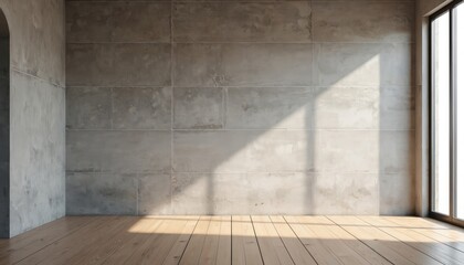 Poster - Empty modern room with stone style tile wall and wood floor. Bright sunlight from large window. Concrete cement grunge wall with wooden floor background for loft apartment, studio, office.