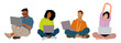 © Creative_Juice_Art - Set of different Young people working on laptop while sitting on the floor. Freelance, Online, distant, remote work, learning concept. Vector flat illustrations isolated